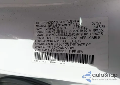 2022 Honda Odyssey Elite z USA, uszkodzony, nr VIN 5FNRL6H98NB039951